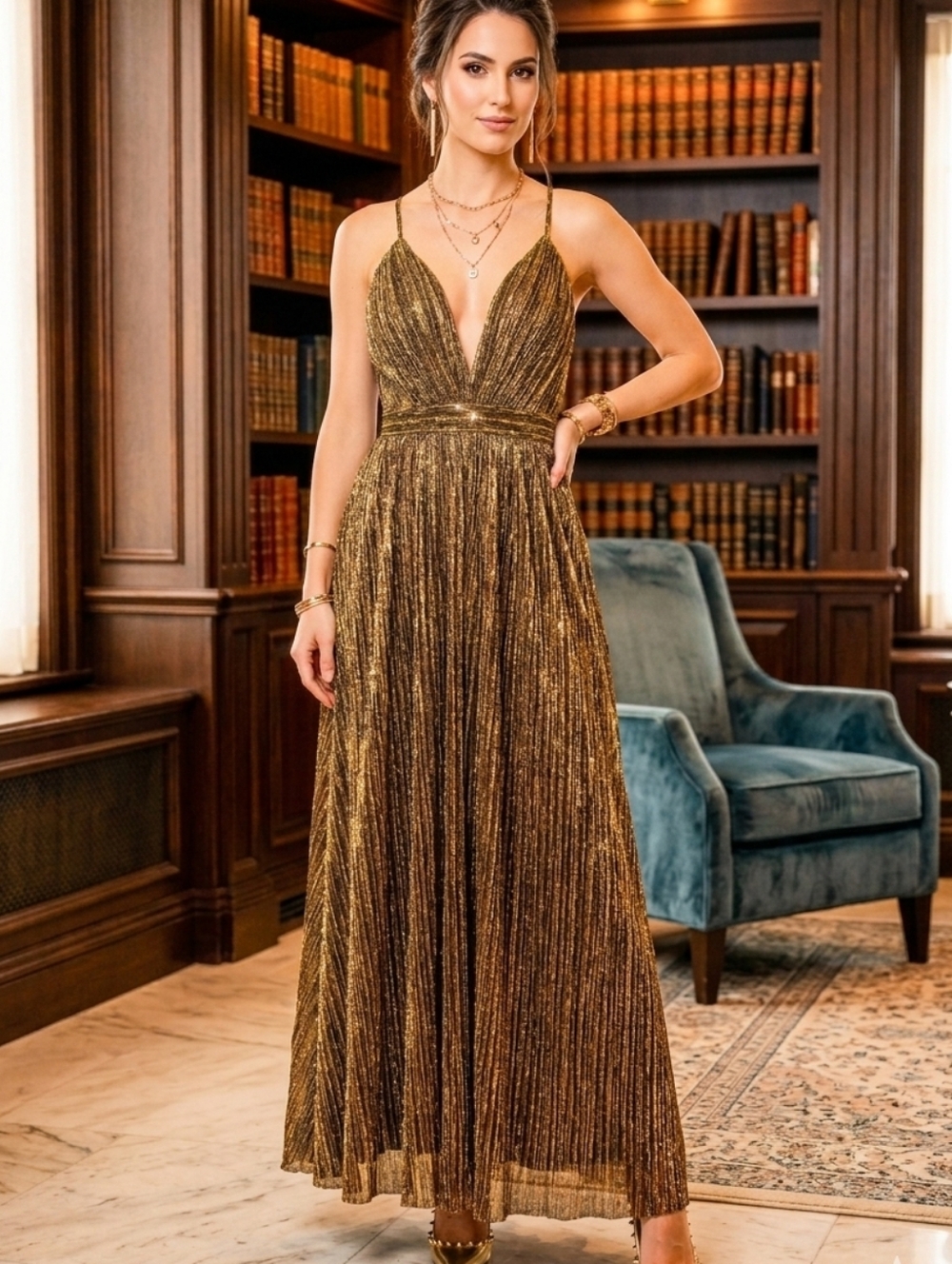 NWT💝le chateau💝GOLD METALLIC Brown Pleated Plung V-Neck OPEN BACK Maxi  Sz M